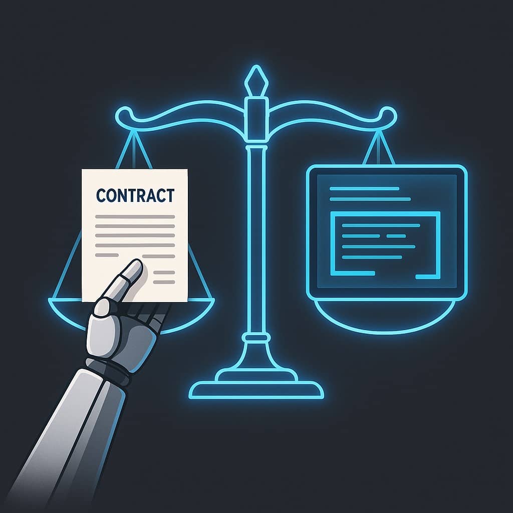 a robot hand holding a contract with a plain scales of justice illustrating ai for legal documents