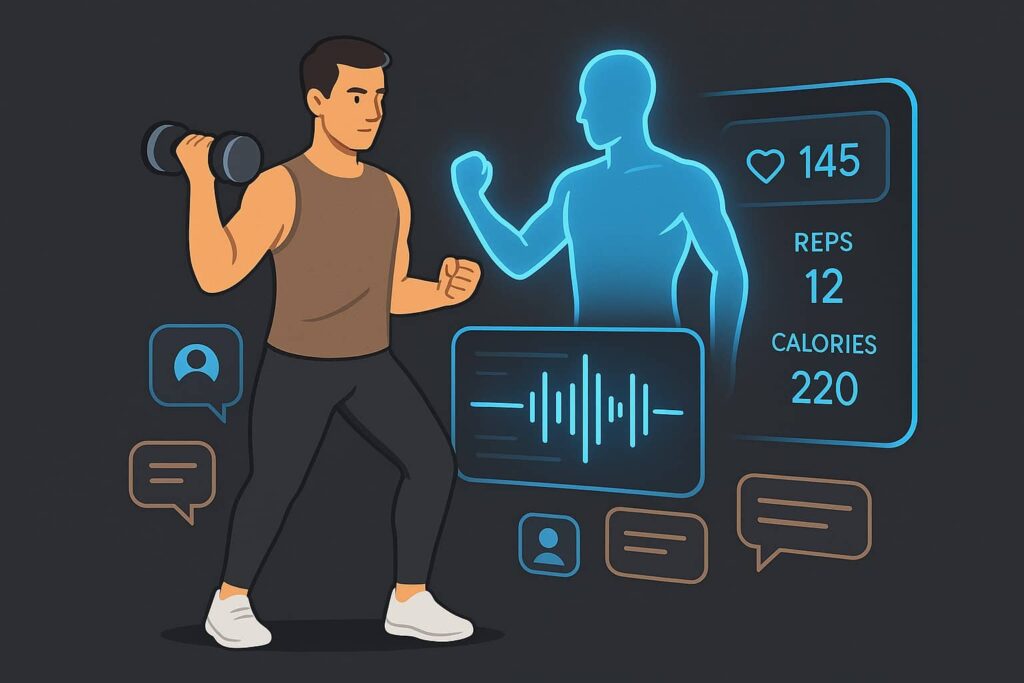 Image of a human and ai trainer, illustrating AI personal trainer and AI personal trainer app