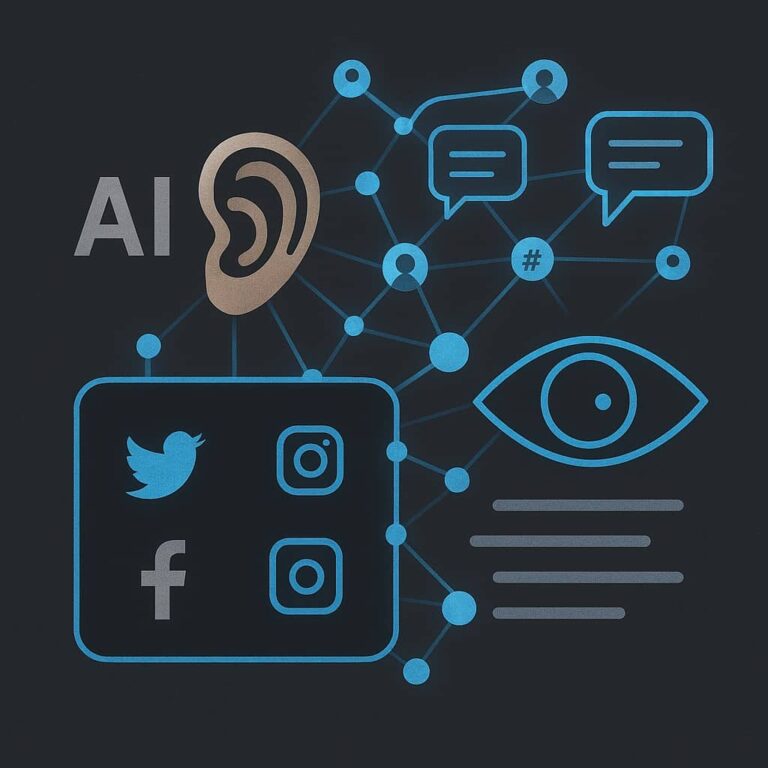 images of social media icons and ear etc., illustrating AI social listening