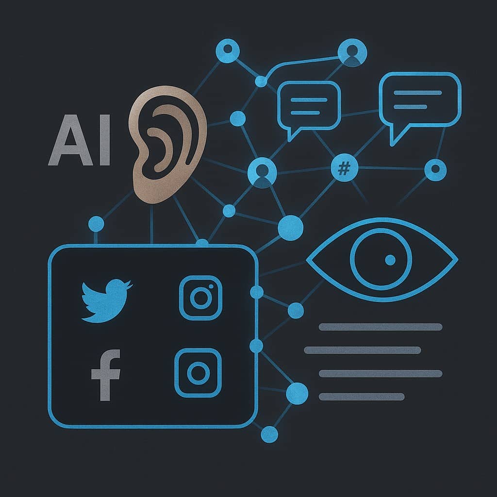 images of social media icons and ear etc., illustrating AI social listening