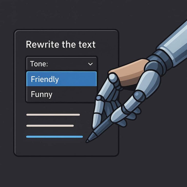 robot hand with pen pointing at text on screen with a dropdown menu showing tone options like friendly, illustrating an ai tone rewriter tool.