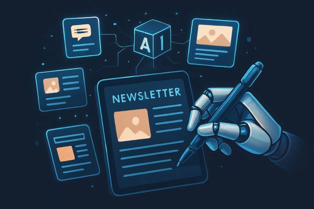 Image of a robot hand with ben writing newsletter, illustrating AI newsletter generator