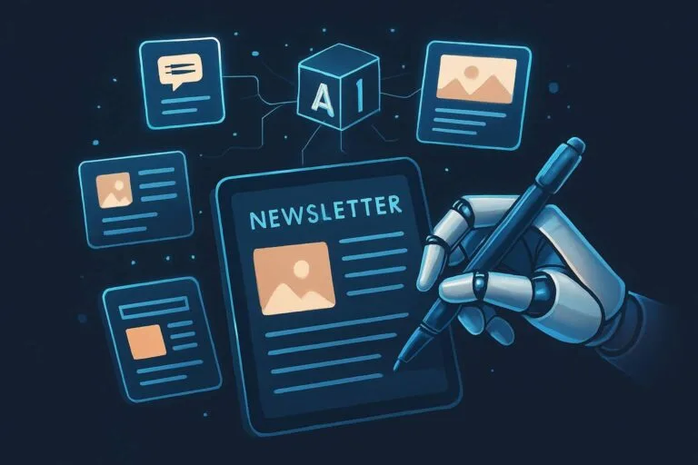 Image of a robot hand with ben writing newsletter, illustrating AI newsletter generator